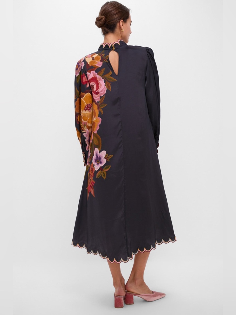 Farm Rio: Black Chenille Flowers Midi Dress - Picture 2 of 9